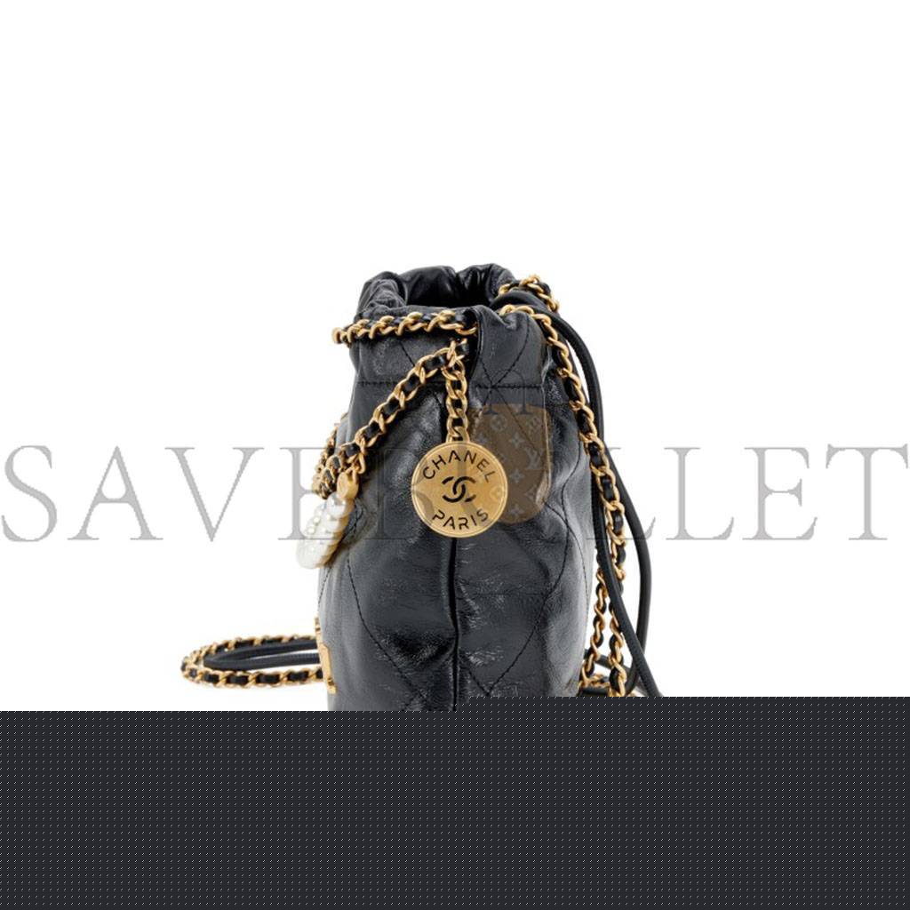 Ch*el master shiny crumpled calfskin quilted pearl mini Ch*el 22 black as3980 (20*19*6cm)
